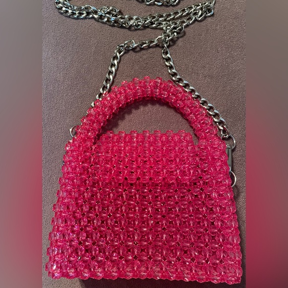 Vibrant Pink Beaded Mini Bag with Silver Chain - Picture 2 of 13